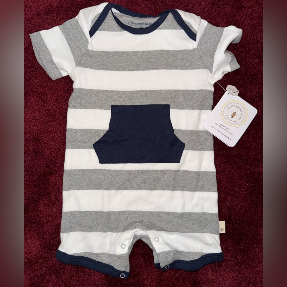New with tags Burts bees Baby boys 18 month romper stripe grey white navy